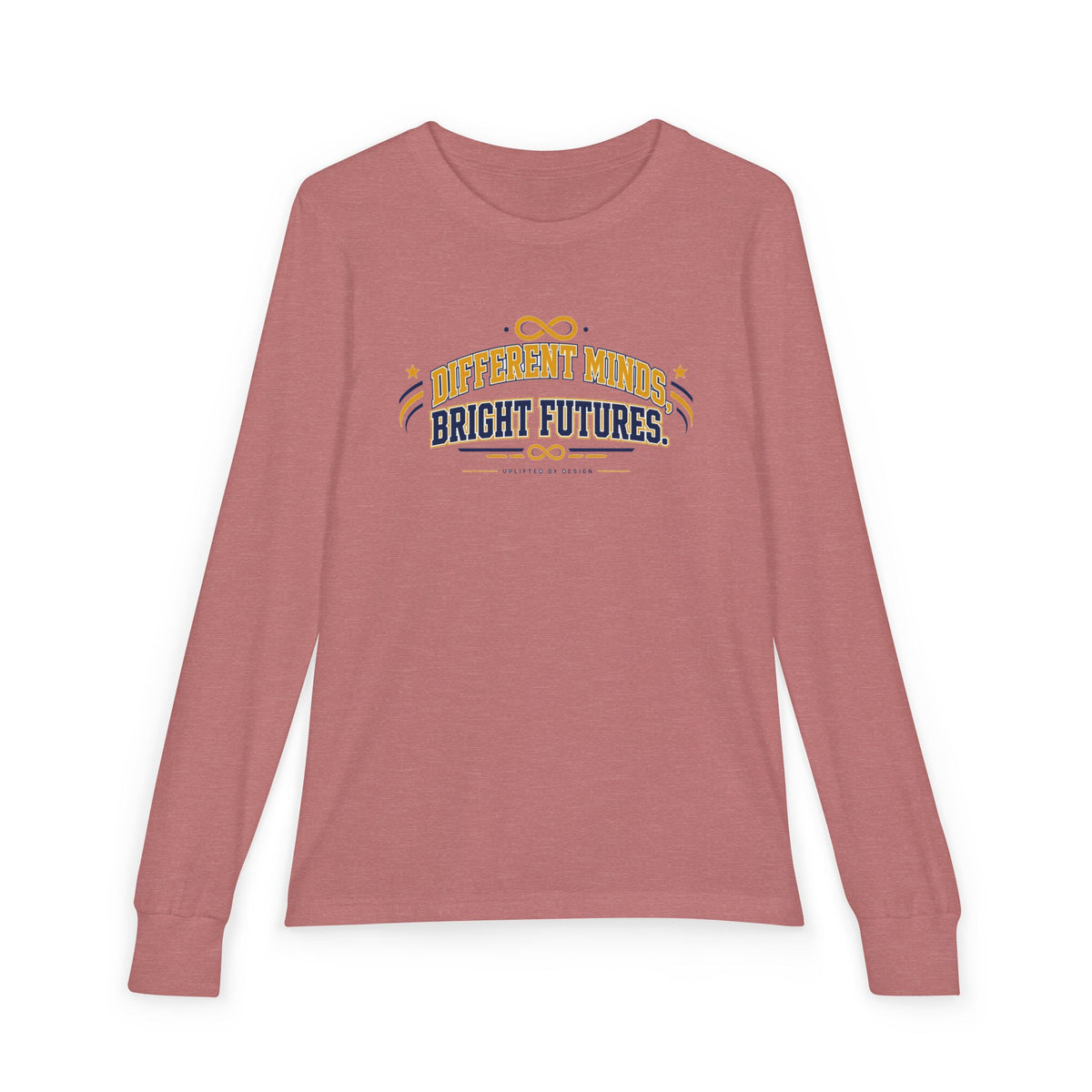 "Different Minds, Bright Futures" Youth Long Sleeve Tee — Collegiate Varsity Arch | Uplifted By Design™ Autism Acceptance & Sensory Pride Shirt