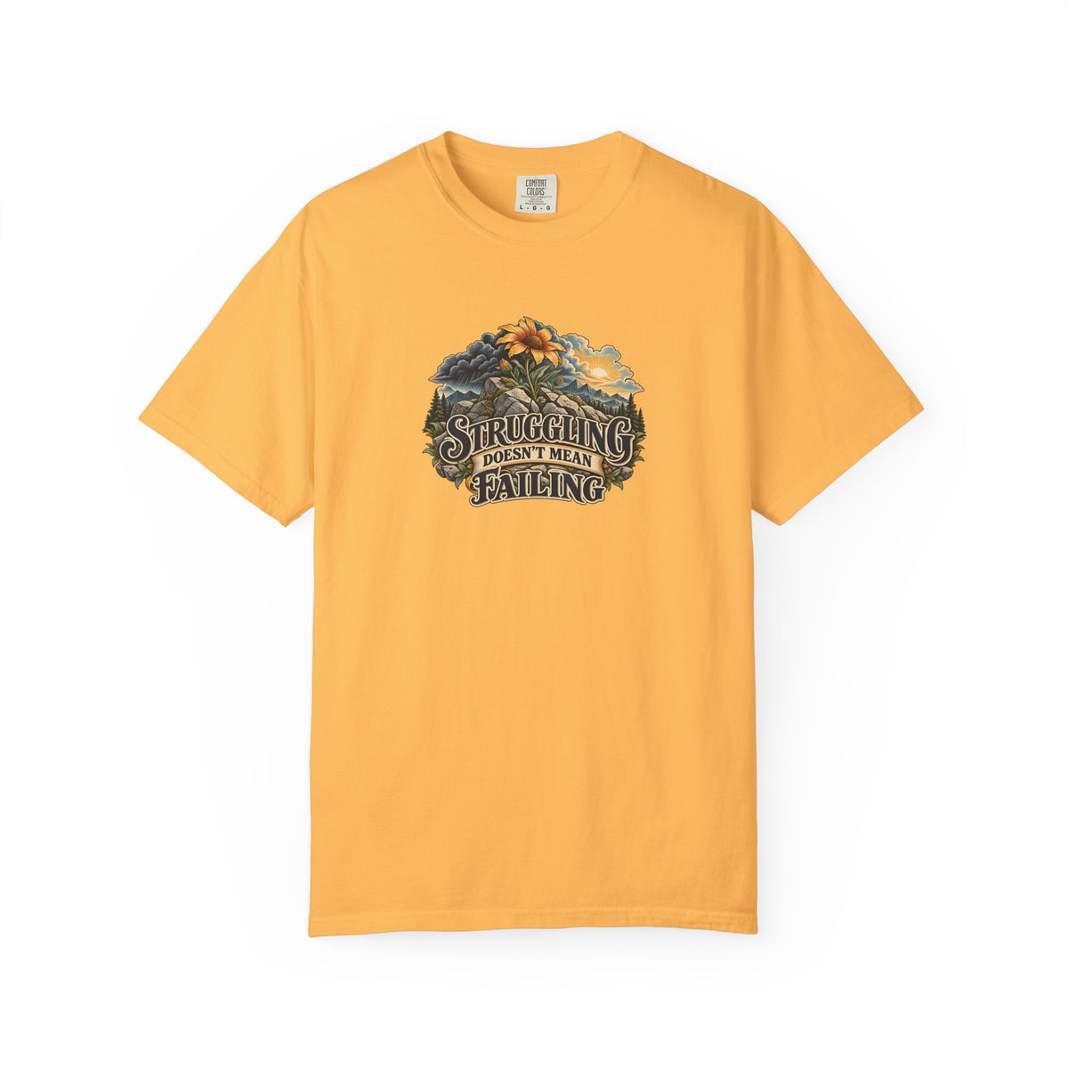 "Struggling Doesn't Mean Failing" Illustrated Edition Unisex T-Shirt — Vintage Wildflower & Clearing-Storm Illustration | Uplifted By Design™ Mental Health & Emotional Wellbeing Tee