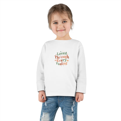 "Loved Through Every Feeling" Toddler Long Sleeve Tee — Groovy Sparkle Lettering | Uplifted By Design™ Inspirational Kids Shirt