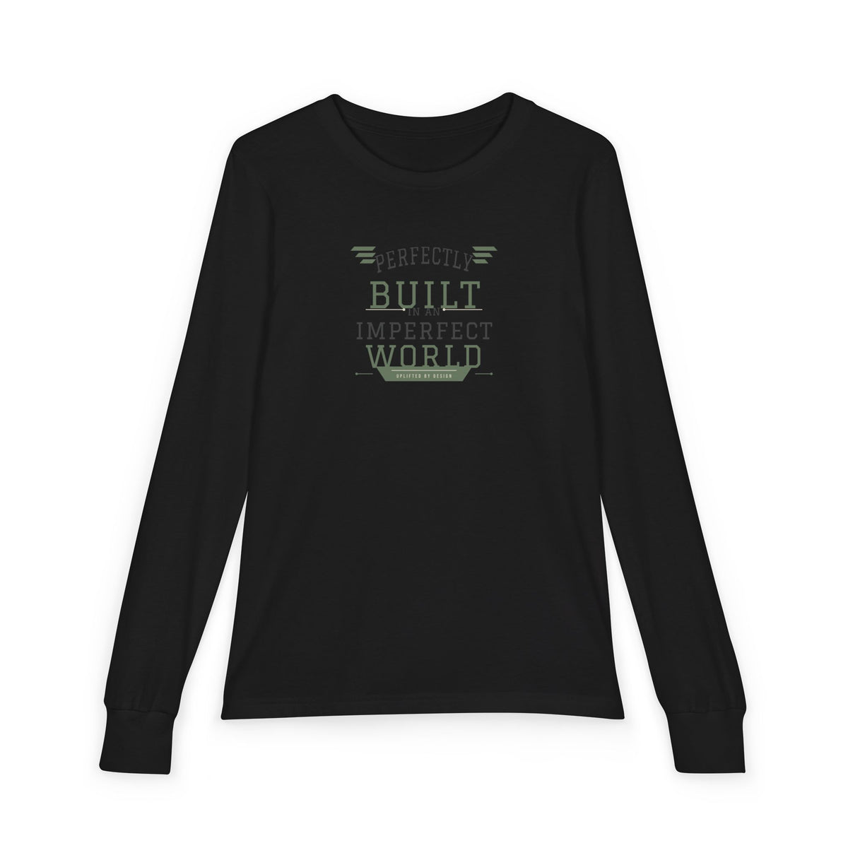 "Perfectly Built in an Imperfect World" Youth Long Sleeve Tee — Collegiate Arch Stack | Uplifted By Design™ Inspirational Kids Shirt