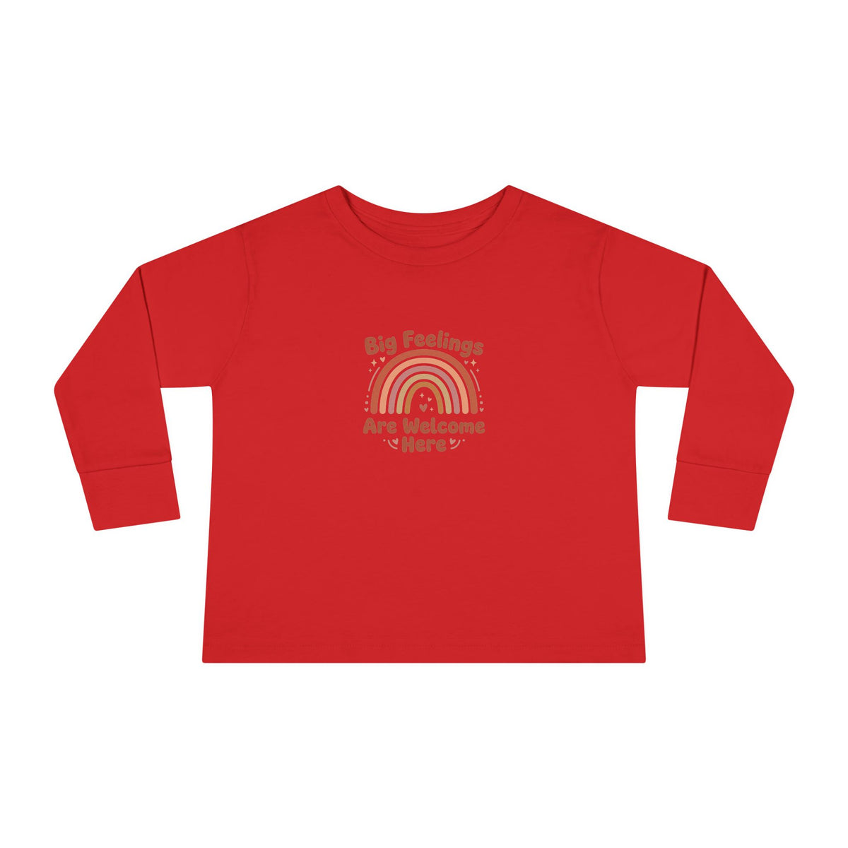 "Big Feelings Are Welcome Here" Toddler Long Sleeve Tee — Retro Feelings Rainbow | Uplifted By Design™ Inspirational Kids Shirt