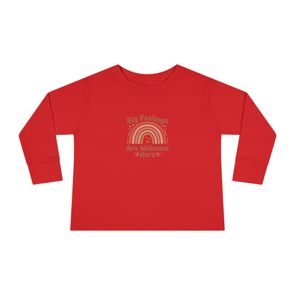 "Big Feelings Are Welcome Here" Toddler Long Sleeve Tee — Retro Feelings Rainbow | Uplifted By Design™ Inspirational Kids Shirt
