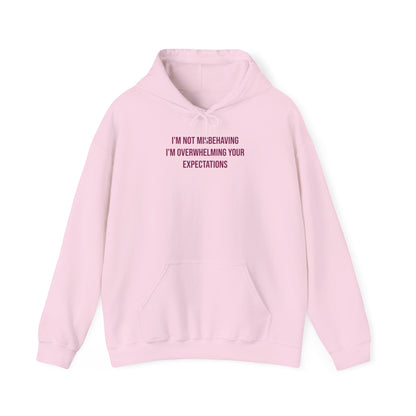 "I’m Not Misbehaving, I’m Overwhelming Your Expectations" Unisex Hoodie — Stacked Plum Lettering | Uplifted By Design™ Autism Acceptance & Sensory Pride Hoodie