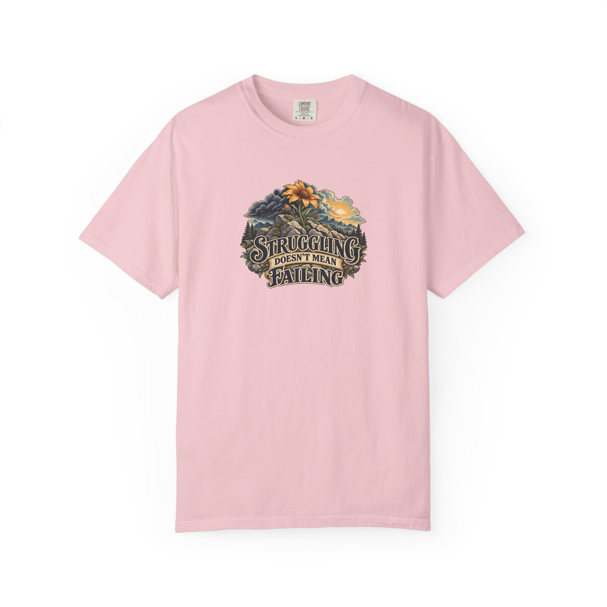 "Struggling Doesn't Mean Failing" Illustrated Edition Unisex T-Shirt — Vintage Wildflower & Clearing-Storm Illustration | Uplifted By Design™ Mental Health & Emotional Wellbeing Tee