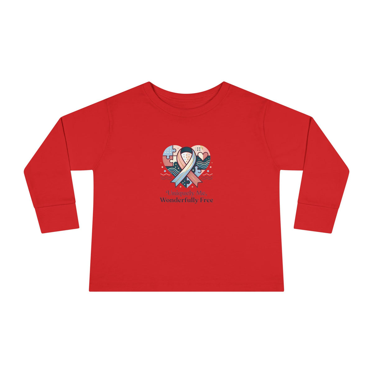 "Uniquely Me, Wonderfully Free" Toddler Long Sleeve Tee — Puzzle Heart Ribbon | Uplifted By Design™ Autism Acceptance & Sensory Pride Shirt