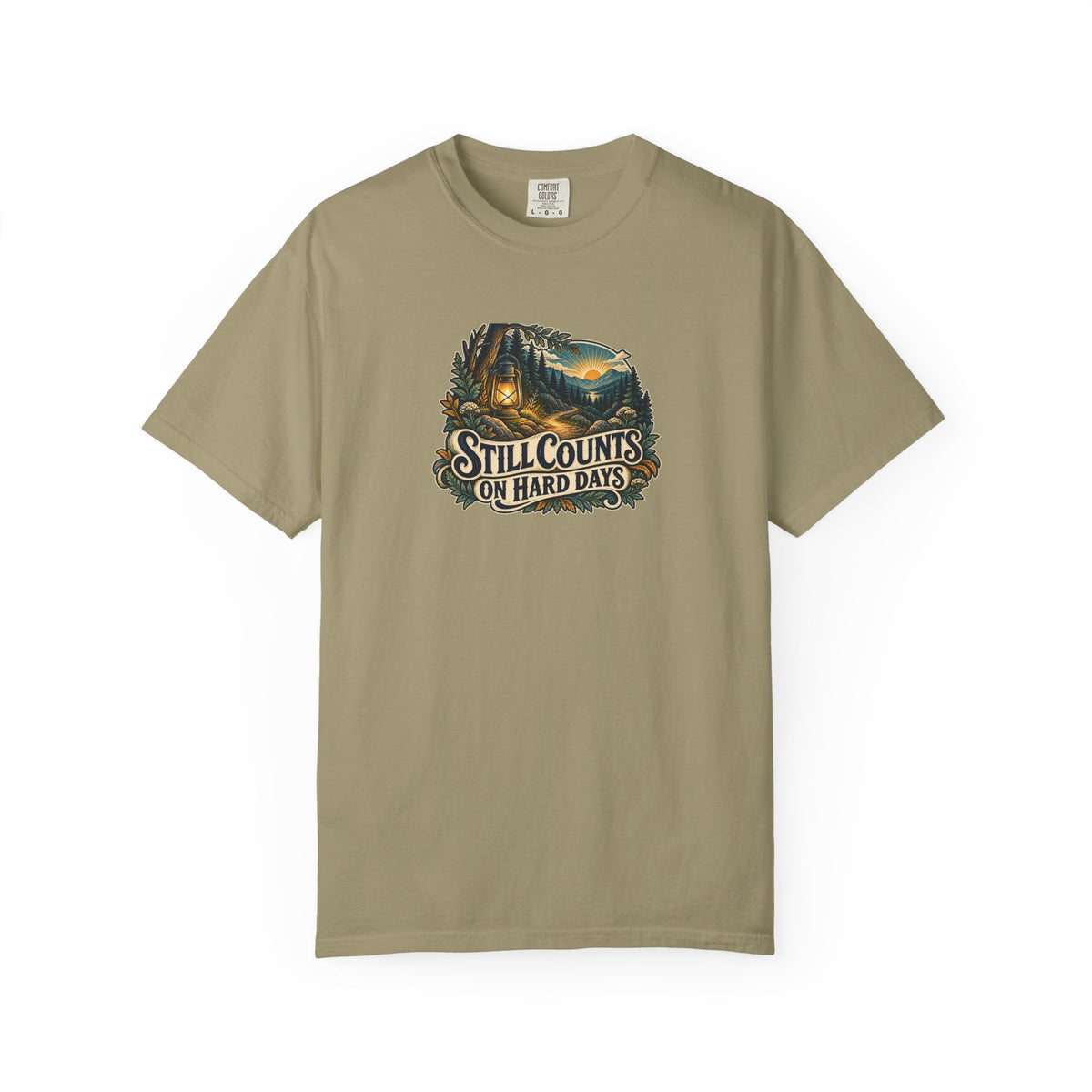 "Still Counts on Hard Days" Illustrated Edition Unisex T-Shirt — Vintage Lantern & Winding Forest Path | Uplifted By Design™ Mental Health & Emotional Wellbeing Tee