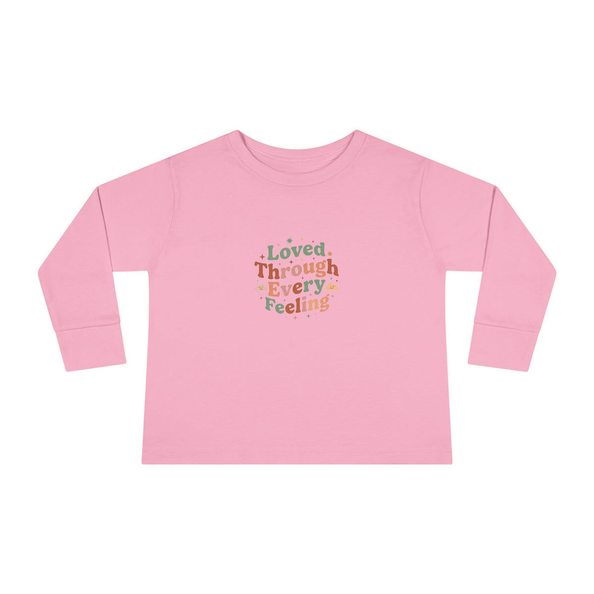 "Loved Through Every Feeling" Toddler Long Sleeve Tee — Groovy Sparkle Lettering | Uplifted By Design™ Inspirational Kids Shirt