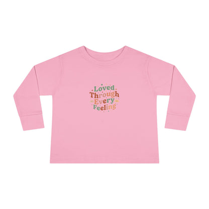 "Loved Through Every Feeling" Toddler Long Sleeve Tee — Groovy Sparkle Lettering | Uplifted By Design™ Inspirational Kids Shirt