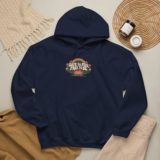 "Safe to Feel, Free to Be" Unisex Hoodie — Rainbow Floral Graphic | Uplifted By Design™ Mental Health & Emotional Wellbeing Hoodie