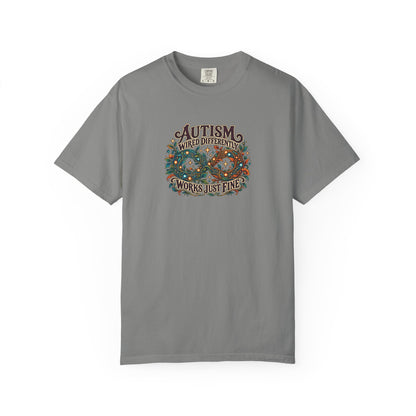 "Wired Differently Works Just Fine" Illustrated Edition Unisex T-Shirt — Botanical Circuit Infinity Graphic | Uplifted By Design™ Autism Acceptance & Neurodiversity Tee