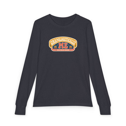 "Unapologetically Me" Youth Long Sleeve Tee — Retro Banner Crest | Uplifted By Design™ Autism Acceptance & Sensory Pride Shirt