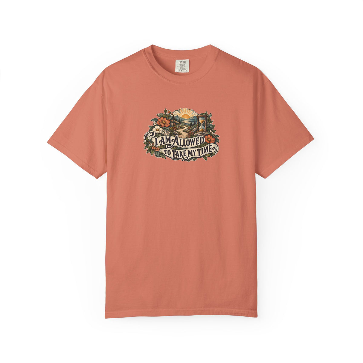 "I Am Allowed to Take My Time" Illustrated Edition Unisex T-Shirt — Vintage Garden Path & Hourglass | Uplifted By Design™ Mental Health & Emotional Wellbeing Tee