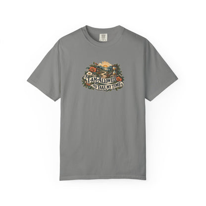 "I Am Allowed to Take My Time" Illustrated Edition Unisex T-Shirt — Vintage Garden Path & Hourglass | Uplifted By Design™ Mental Health & Emotional Wellbeing Tee