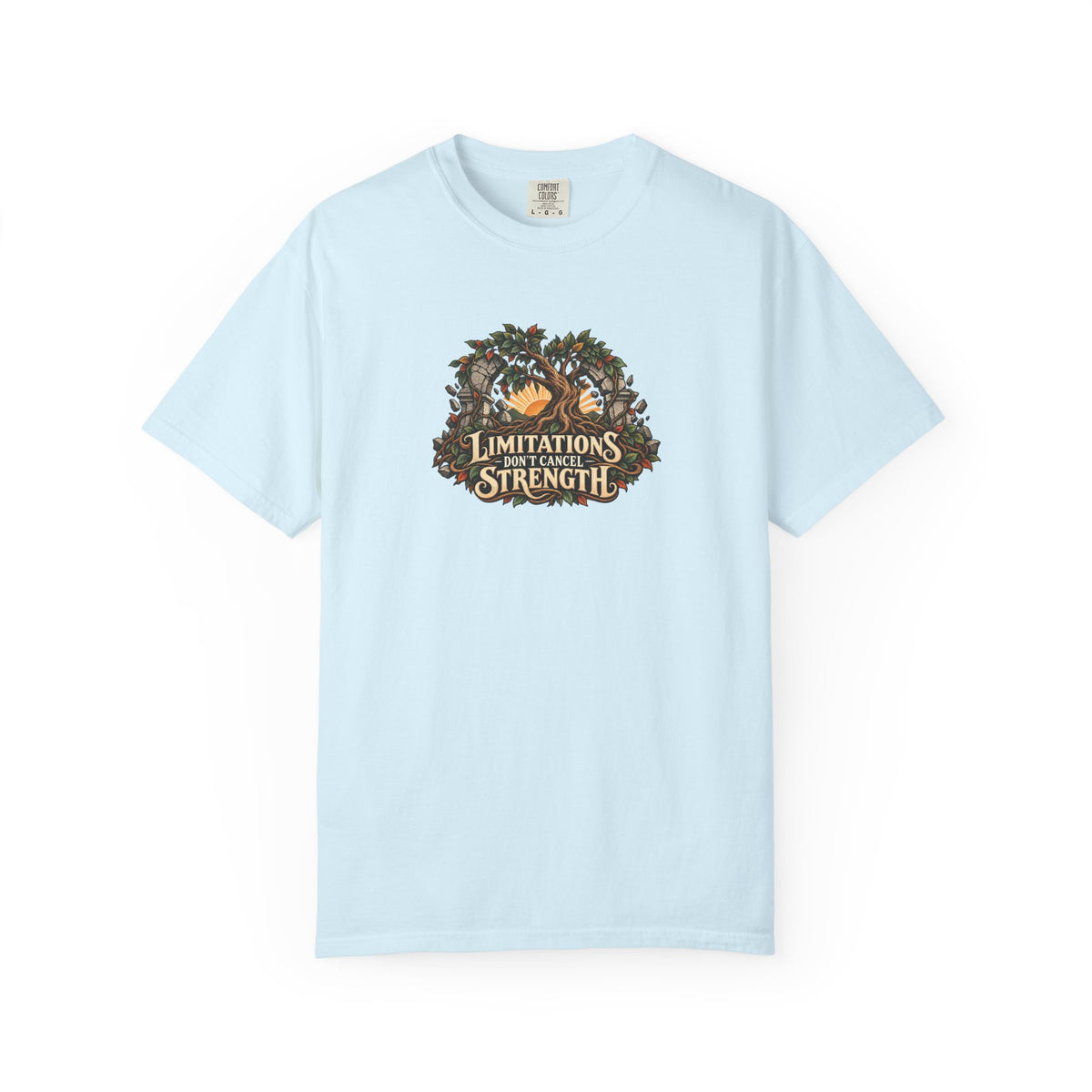 "Limitations Don't Cancel Strength" Illustrated Edition Unisex T-Shirt — Resilient Tree & Broken-Arch Graphic | Uplifted By Design™ Cerebral Palsy & Adaptive Movement Tee