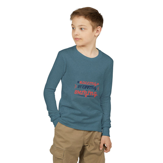 "Rolling, Stepping, Shining" Youth Long Sleeve Tee — Hand-Lettered Lockup | Uplifted By Design™ Cerebral Palsy & Disability Pride Shirt