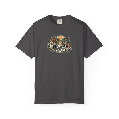 "I Am Allowed to Take My Time" Illustrated Edition Unisex T-Shirt — Vintage Garden Path & Hourglass | Uplifted By Design™ Mental Health & Emotional Wellbeing Tee