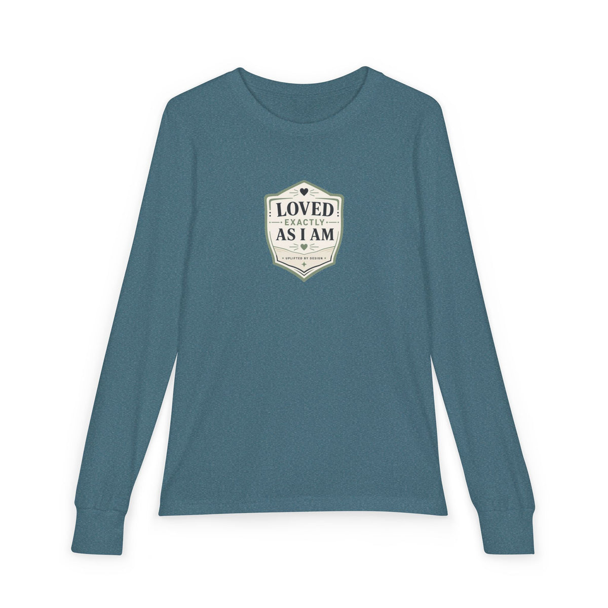 "Loved Exactly As I Am" Youth Long Sleeve Tee — Retro Banner Crest | Uplifted By Design™ Autism Acceptance & Sensory Pride Shirt