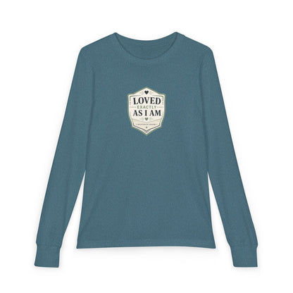"Loved Exactly As I Am" Youth Long Sleeve Tee — Retro Banner Crest | Uplifted By Design™ Autism Acceptance & Sensory Pride Shirt