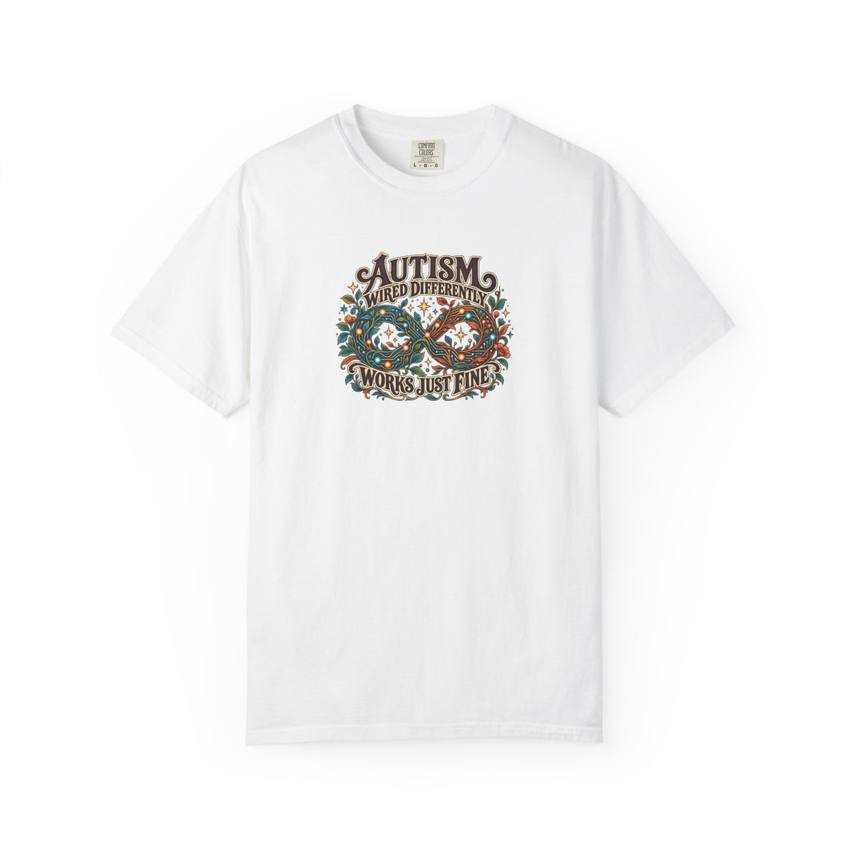 "Wired Differently Works Just Fine" Illustrated Edition Unisex T-Shirt — Botanical Circuit Infinity Graphic | Uplifted By Design™ Autism Acceptance & Neurodiversity Tee