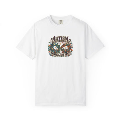"Wired Differently Works Just Fine" Illustrated Edition Unisex T-Shirt — Botanical Circuit Infinity Graphic | Uplifted By Design™ Autism Acceptance & Neurodiversity Tee