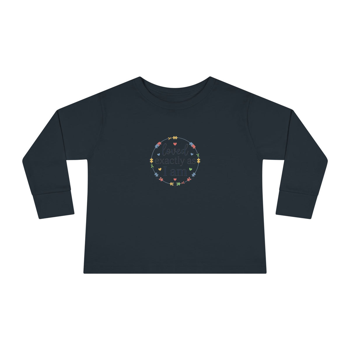 "Loved Exactly As I Am" Toddler Long Sleeve Tee — Puzzle Heart Wreath | Uplifted By Design™ Autism Acceptance & Sensory Pride Shirt