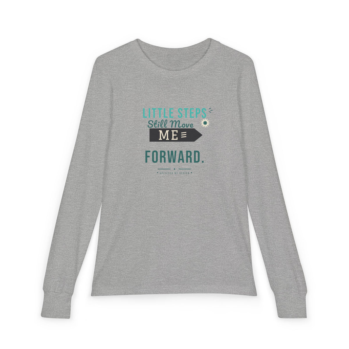 "Little Steps Still Move Me Forward" Youth Long Sleeve Tee — Hand-Lettered Lockup | Uplifted By Design™ Cerebral Palsy & Adaptive Movement Shirt