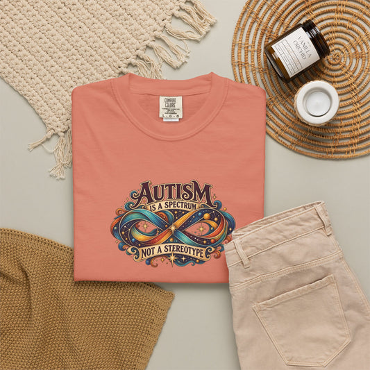 "Autism Is a Spectrum Not a Stereotype" Illustrated Edition Unisex T-Shirt — Colorful Infinity Ribbon & Stars | Uplifted By Design™ Autism Acceptance & Neurodiversity Tee