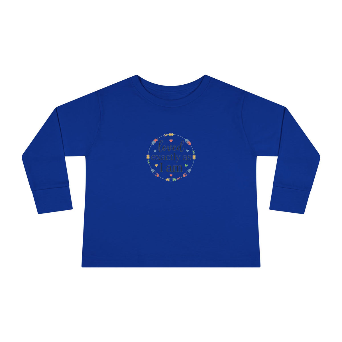 "Loved Exactly As I Am" Toddler Long Sleeve Tee — Puzzle Heart Wreath | Uplifted By Design™ Autism Acceptance & Sensory Pride Shirt