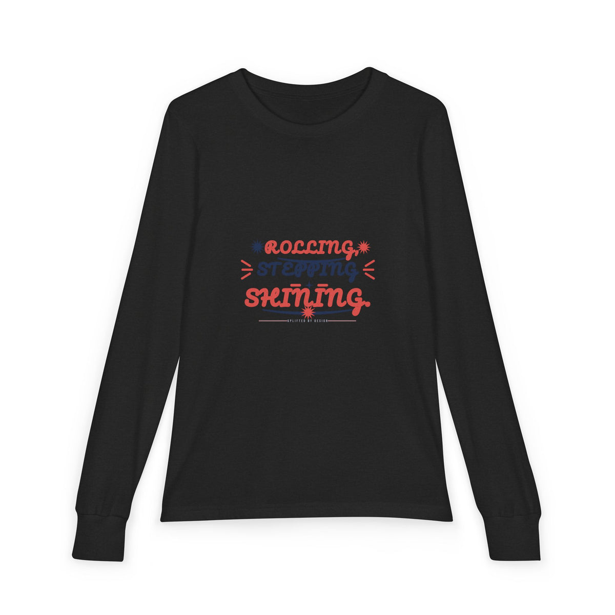 "Rolling, Stepping, Shining" Youth Long Sleeve Tee — Hand-Lettered Lockup | Uplifted By Design™ Cerebral Palsy & Disability Pride Shirt