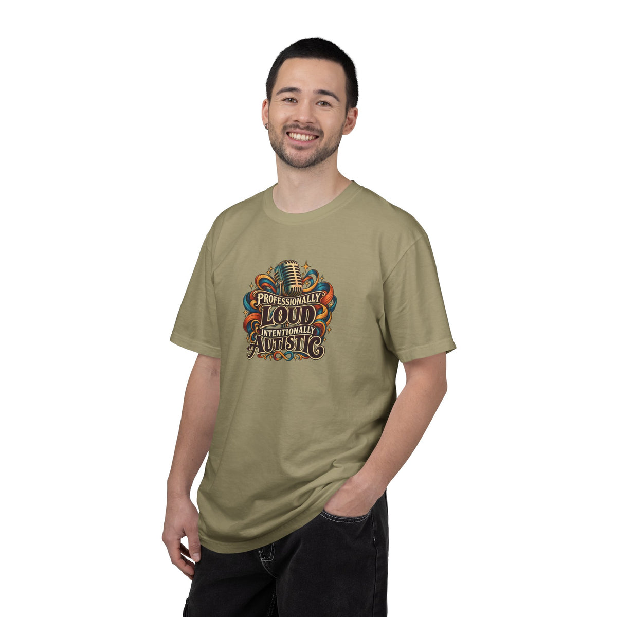 "Professionally Loud Intentionally Autistic" Illustrated Edition Unisex T-Shirt — Vintage Microphone & Sound Ribbons | Uplifted By Design™ Autism Acceptance & Sensory Pride Tee