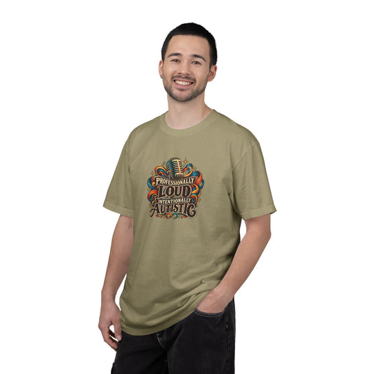 "Professionally Loud Intentionally Autistic" Illustrated Edition Unisex T-Shirt — Vintage Microphone & Sound Ribbons | Uplifted By Design™ Autism Acceptance & Sensory Pride Tee