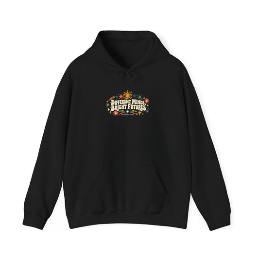 "Different Minds, Bright Futures" Unisex Hoodie — Colorful Star Graphic | Uplifted By Design™ Autism Acceptance & Sensory Pride Hoodie