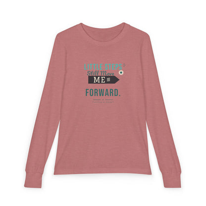 "Little Steps Still Move Me Forward" Youth Long Sleeve Tee — Hand-Lettered Lockup | Uplifted By Design™ Cerebral Palsy & Adaptive Movement Shirt