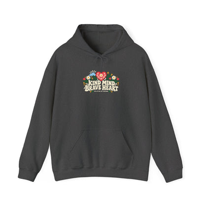 "Kind Mind, Brave Heart" Unisex Hoodie — Floral Heart Graphic | Uplifted By Design™ Mental Health & Emotional Wellbeing Hoodie