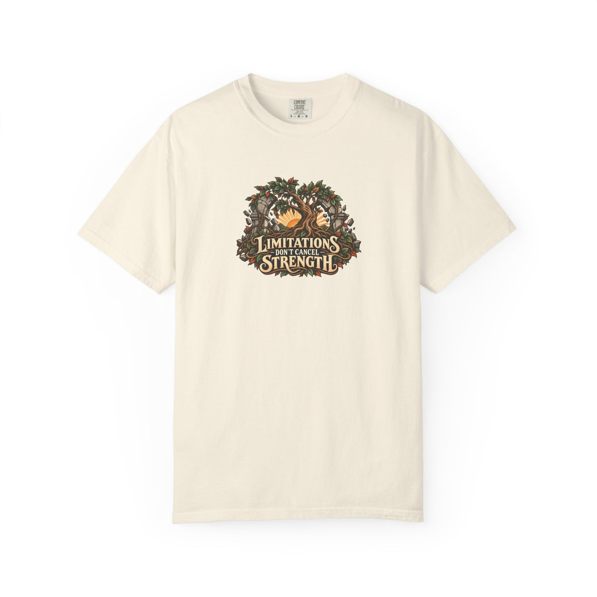 "Limitations Don't Cancel Strength" Illustrated Edition Unisex T-Shirt — Resilient Tree & Broken-Arch Graphic | Uplifted By Design™ Cerebral Palsy & Adaptive Movement Tee