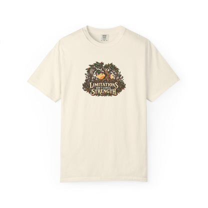 "Limitations Don't Cancel Strength" Illustrated Edition Unisex T-Shirt — Resilient Tree & Broken-Arch Graphic | Uplifted By Design™ Cerebral Palsy & Adaptive Movement Tee