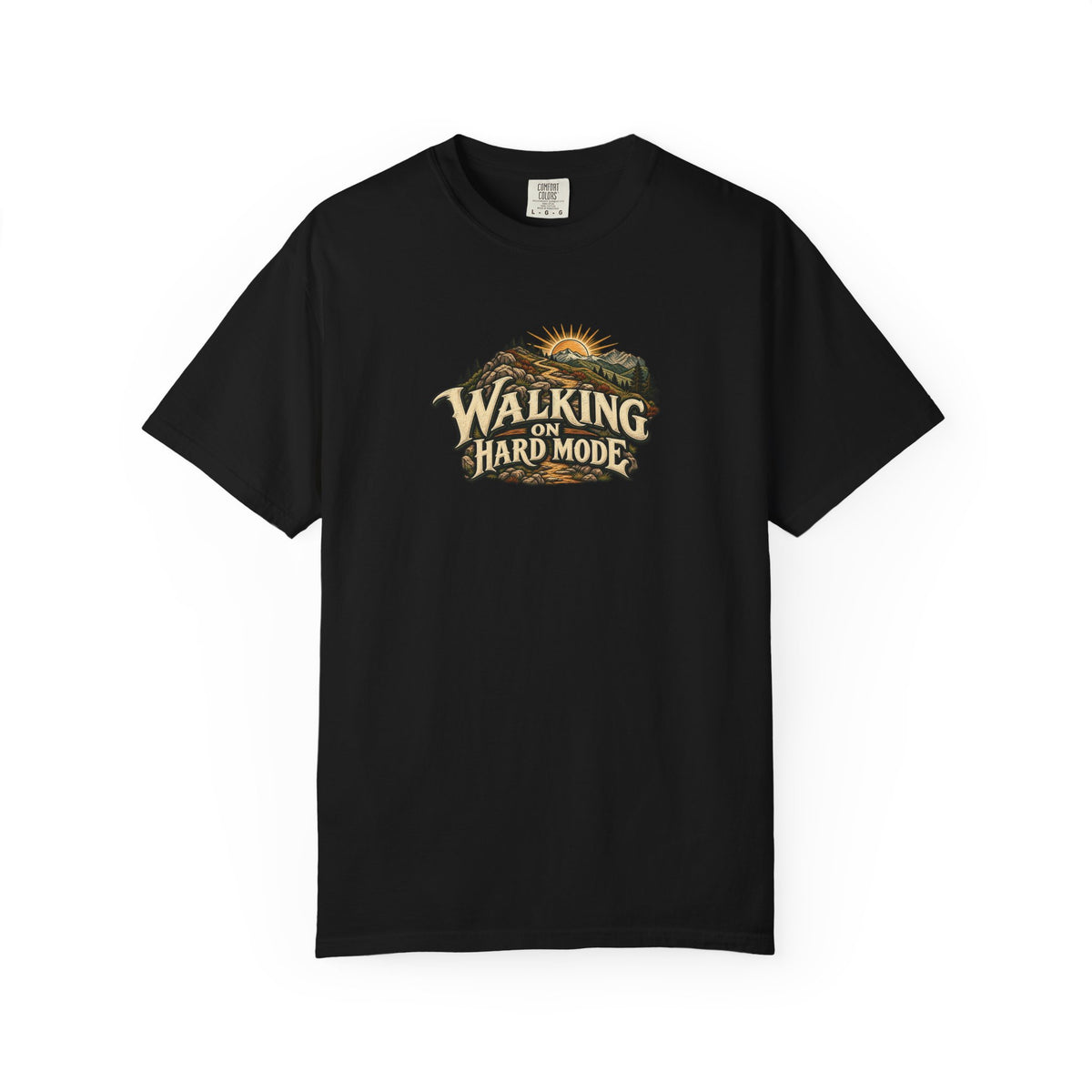 "Walking on Hard Mode" Illustrated Edition Unisex T-Shirt — Vintage Trail & Sunrise Graphic | Uplifted By Design™ Cerebral Palsy & Adaptive Movement Tee