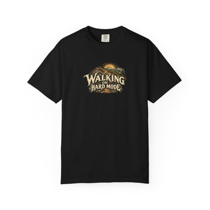 "Walking on Hard Mode" Illustrated Edition Unisex T-Shirt — Vintage Trail & Sunrise Graphic | Uplifted By Design™ Cerebral Palsy & Adaptive Movement Tee