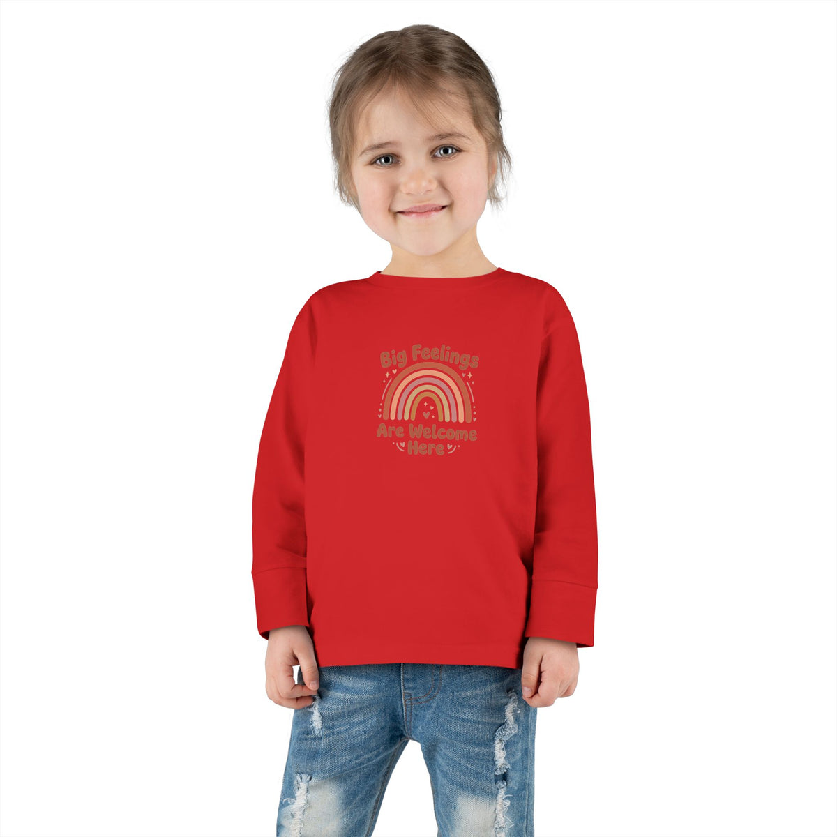 "Big Feelings Are Welcome Here" Toddler Long Sleeve Tee — Retro Feelings Rainbow | Uplifted By Design™ Inspirational Kids Shirt