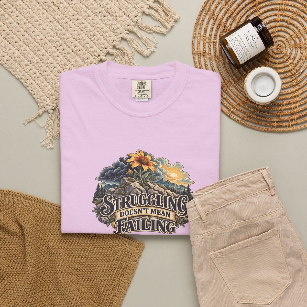 "Struggling Doesn't Mean Failing" Illustrated Edition Unisex T-Shirt — Vintage Wildflower & Clearing-Storm Illustration | Uplifted By Design™ Mental Health & Emotional Wellbeing Tee