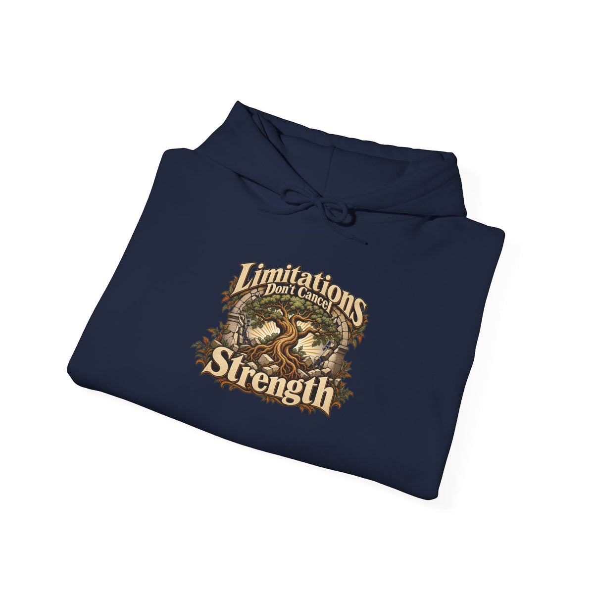 "Limitations Don’t Cancel Strength" Unisex Hoodie — Resilient Tree & Broken-Arch Graphic | Uplifted By Design™ Cerebral Palsy & Adaptive Movement Hoodie