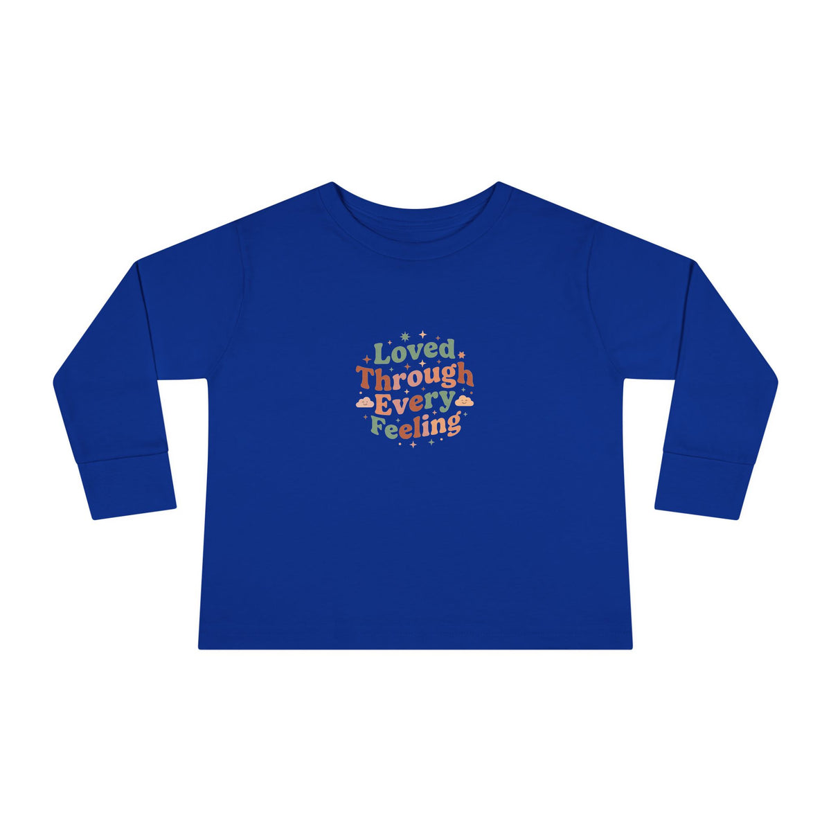 "Loved Through Every Feeling" Toddler Long Sleeve Tee — Groovy Sparkle Lettering | Uplifted By Design™ Inspirational Kids Shirt