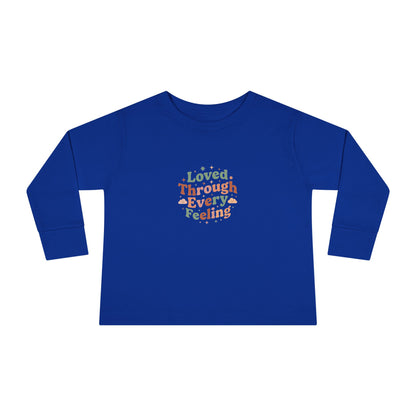 "Loved Through Every Feeling" Toddler Long Sleeve Tee — Groovy Sparkle Lettering | Uplifted By Design™ Inspirational Kids Shirt