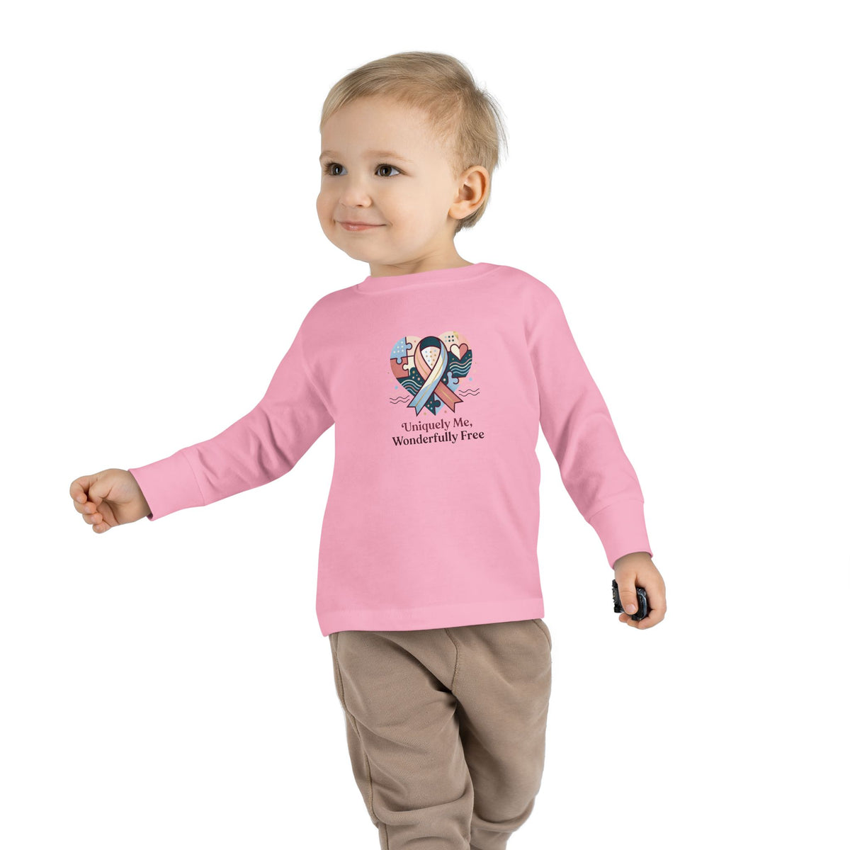 "Uniquely Me, Wonderfully Free" Toddler Long Sleeve Tee — Puzzle Heart Ribbon | Uplifted By Design™ Autism Acceptance & Sensory Pride Shirt