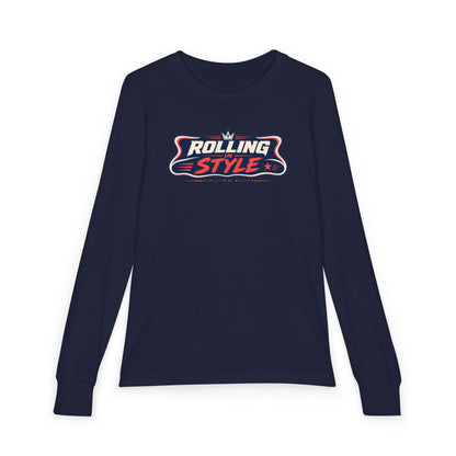 "Rolling In Style" Youth Long Sleeve Tee — Streetwear Banner Crest | Uplifted By Design™ Cerebral Palsy & Disability Pride Shirt