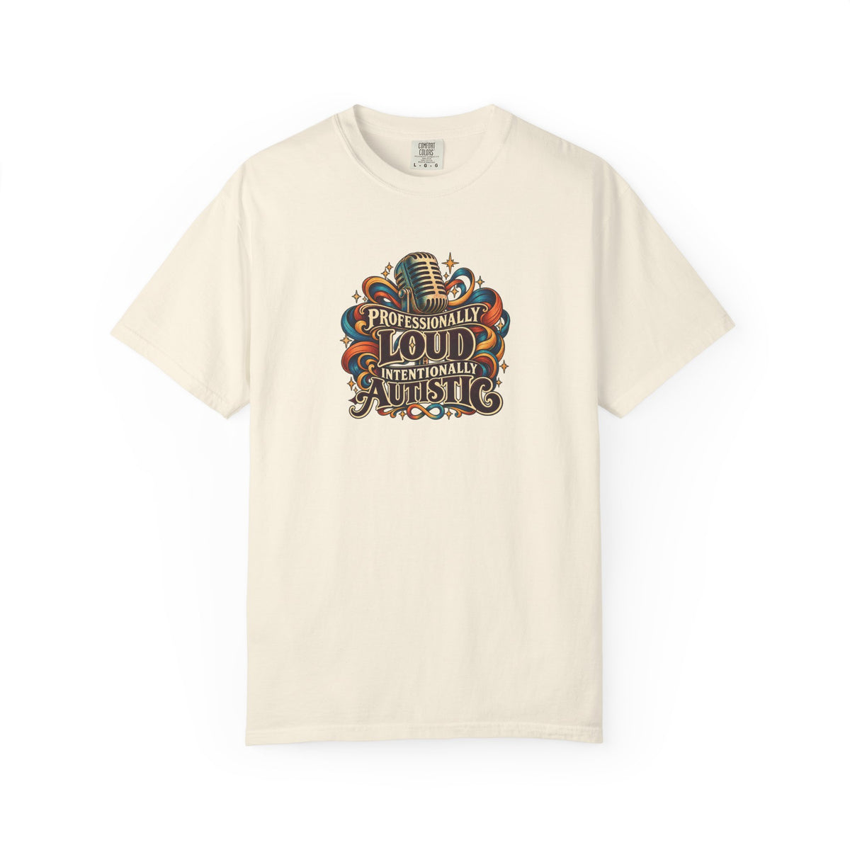 "Professionally Loud Intentionally Autistic" Illustrated Edition Unisex T-Shirt — Vintage Microphone & Sound Ribbons | Uplifted By Design™ Autism Acceptance & Sensory Pride Tee