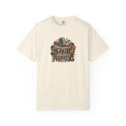 "Professionally Loud Intentionally Autistic" Illustrated Edition Unisex T-Shirt — Vintage Microphone & Sound Ribbons | Uplifted By Design™ Autism Acceptance & Sensory Pride Tee