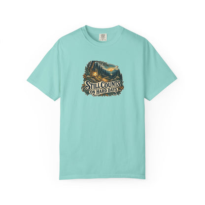 "Still Counts on Hard Days" Illustrated Edition Unisex T-Shirt — Vintage Lantern & Winding Forest Path | Uplifted By Design™ Mental Health & Emotional Wellbeing Tee