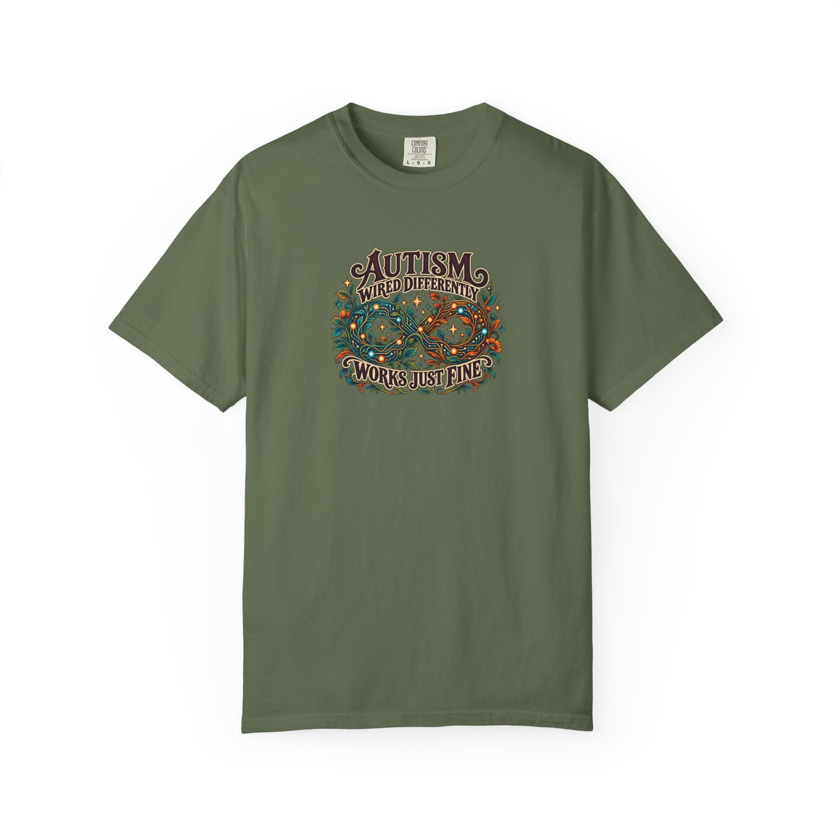 "Wired Differently Works Just Fine" Illustrated Edition Unisex T-Shirt — Botanical Circuit Infinity Graphic | Uplifted By Design™ Autism Acceptance & Neurodiversity Tee