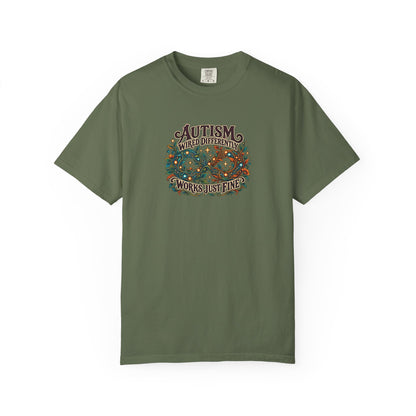 "Wired Differently Works Just Fine" Illustrated Edition Unisex T-Shirt — Botanical Circuit Infinity Graphic | Uplifted By Design™ Autism Acceptance & Neurodiversity Tee